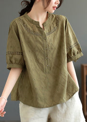 Women Dark Green Hollow Out Embroidered Cotton T Shirt Top