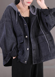 Women Dark Grey Drawstring Knit Patchwork Button Denim Hooded Coats Fall