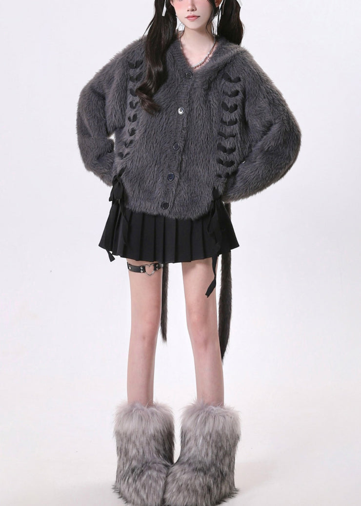 Women Dark Grey Oversized Bow Knit Rabbit Ears Hoodies Outwear Spring