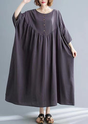 Women Dark Grey Patchwork Button Long Dresses Short Sleeve