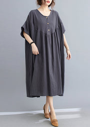 Women Dark Grey Patchwork Button Long Dresses Short Sleeve
