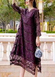 Women Dark Purple Embroideried Hollow Out Organza Long Dress Spring