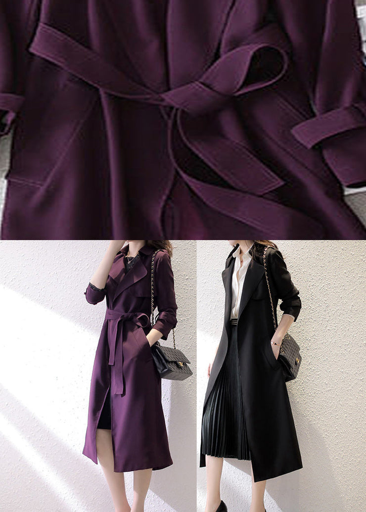 Women Dark Purple Notched Pockets Trench Coats Long Sleeve