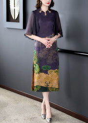 Women Dark Purple Print Side Open Slim Fit Silk Dress Cloak Sleeves