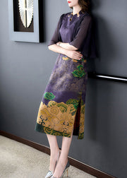 Women Dark Purple Print Side Open Slim Fit Silk Dress Cloak Sleeves