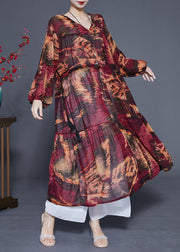 Women Dark Red V Neck Patchwork Exra Large Hem Chiffon Cinched Dresses Spring