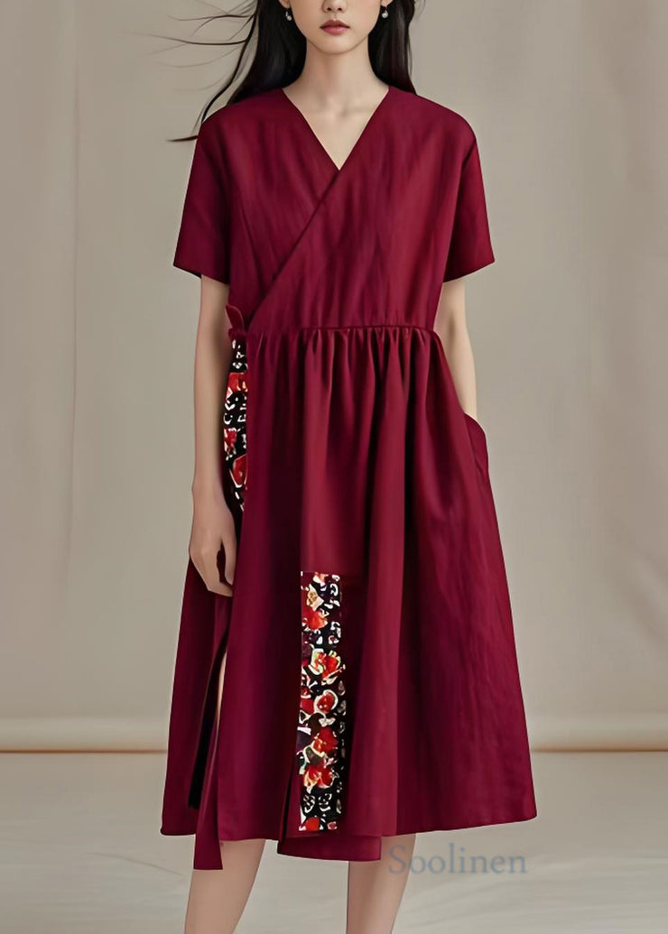 Women Dark Red V Neck Pockets Patchwork Cotton Dress Summer