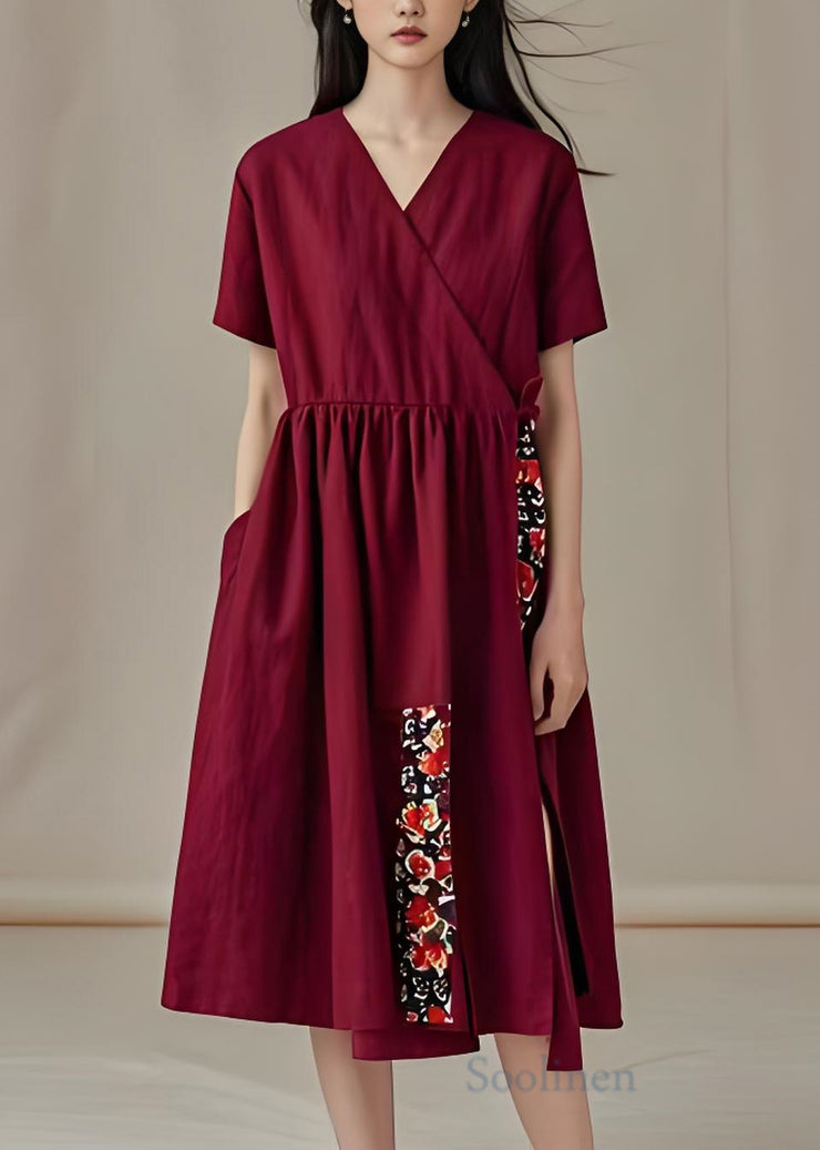 Women Dark Red V Neck Pockets Patchwork Cotton Dress Summer