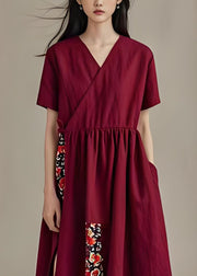 Women Dark Red V Neck Pockets Patchwork Cotton Dress Summer