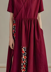 Women Dark Red V Neck Pockets Patchwork Cotton Dress Summer