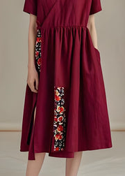 Women Dark Red V Neck Pockets Patchwork Cotton Dress Summer