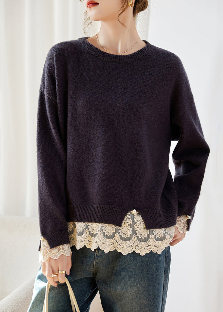 Women Deep Purple Lace Patchwork Cotton Knit Sweaters Fall