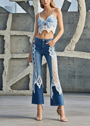 Women Denim Blue Lace Patchwork Slim Fit Flared Trousers Spring