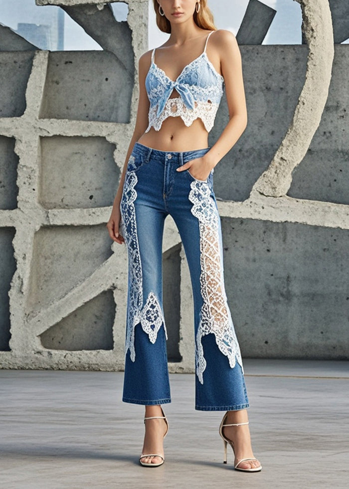 Women Denim Blue Lace Patchwork Slim Fit Flared Trousers Spring