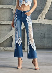 Women Denim Blue Lace Patchwork Slim Fit Flared Trousers Fall