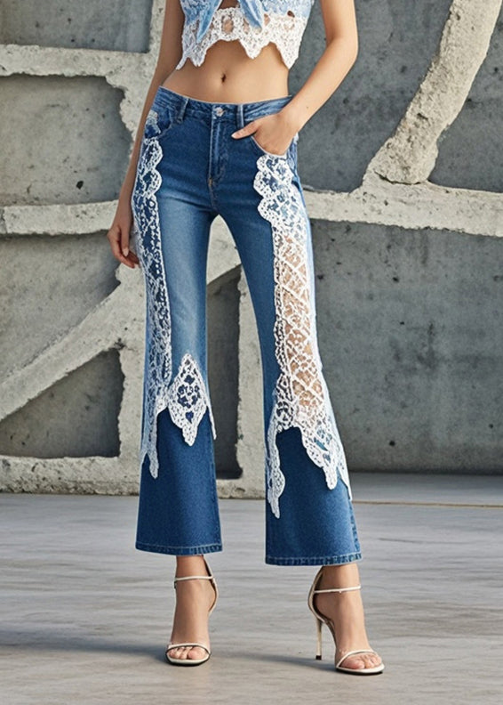 Women Denim Blue Lace Patchwork Slim Fit Flared Trousers Spring