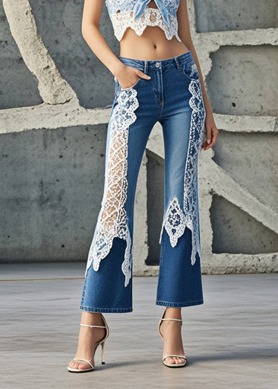 Women Denim Blue Lace Patchwork Slim Fit Flared Trousers Spring