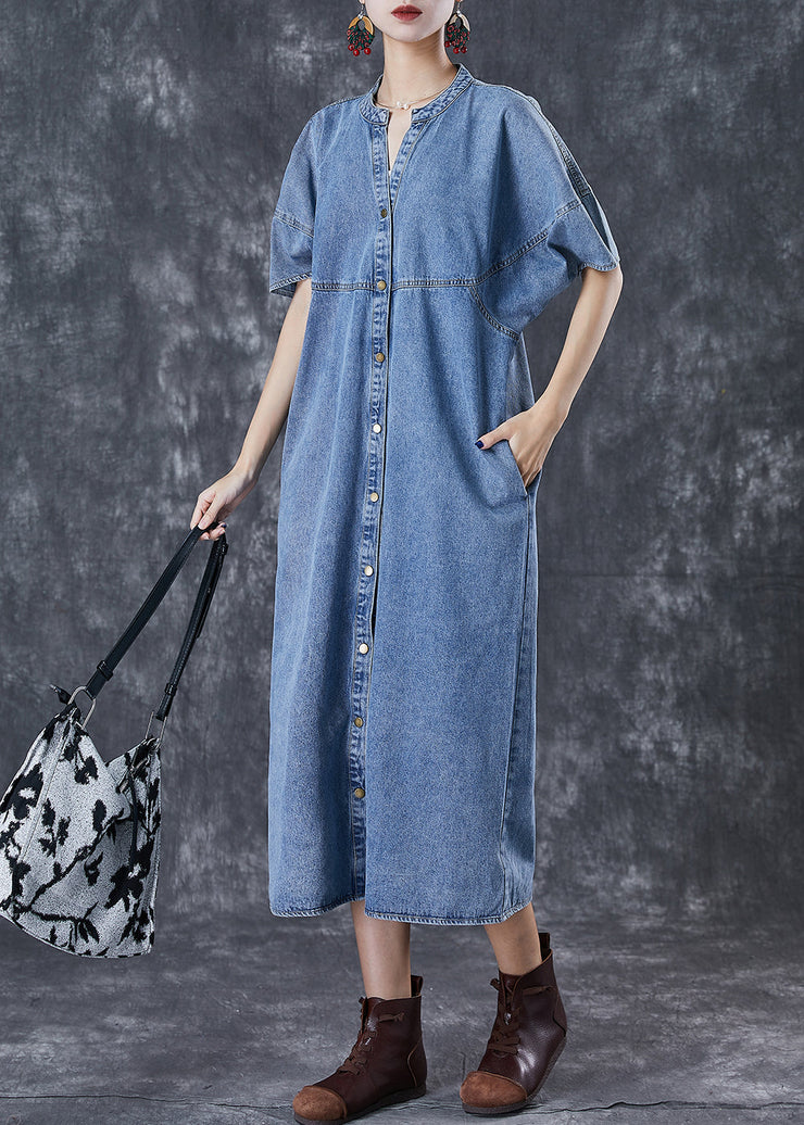 Women Denim Blue Oversized Patchwork Cotton Long Dress Fall