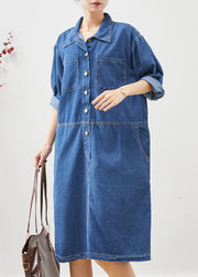 Women Denim Blue Oversized Patchwork Cotton Mid Dress Fall