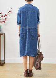 Women Denim Blue Oversized Patchwork Cotton Mid Dress Fall