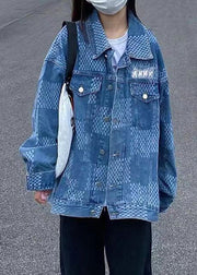 Women Denim Blue Peter Pan Collar Pockets Plaid Print Coat Long Sleeve