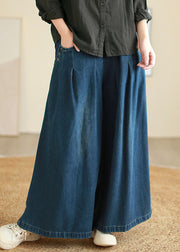 Women Denim Blue Pockets Elastic Waist Flare Pants Fall