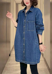 Women Denim Blue Pockets Patchwork Button Coat Fall