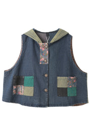 Women Denim Blue Print Patchwork Button Cotton Hooded Waistcoat Sleeveless