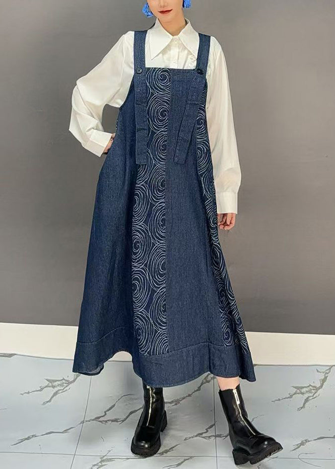 Women Denim Blue Slash Neck Print Long Spaghetti Strap Dress Spring