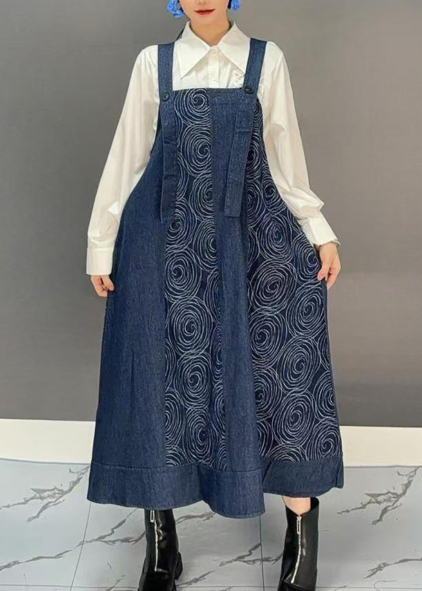 Women Denim Blue Slash Neck Print Long Spaghetti Strap Dress Spring