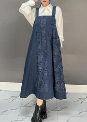 Women Denim Blue Slash Neck Print Long Spaghetti Strap Dress Spring