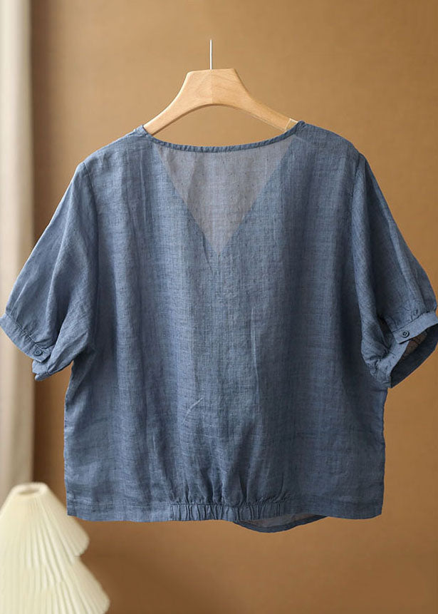 Women Denim Blue V Neck Asymmetrical Design Linen Blouses Short Sleeve