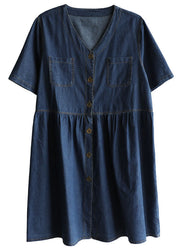 Women Denim Blue V Neck Pockets Cotton A Line Dress Short Sleeve