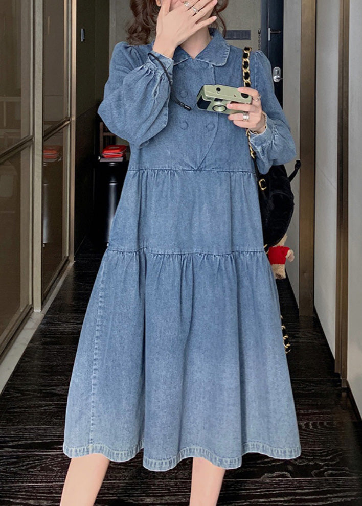 Women Denim Blue Wrinkled Patchwork Long Dress Spring