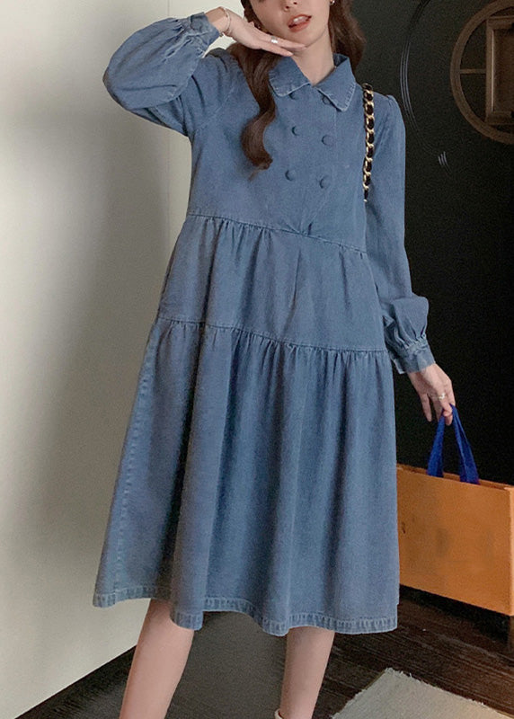 Women Denim Blue Wrinkled Patchwork Long Dress Spring