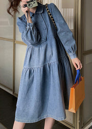 Women Denim Blue Wrinkled Patchwork Long Dress Spring