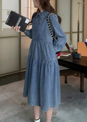 Women Denim Blue Wrinkled Patchwork Long Dress Spring