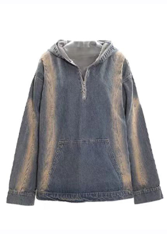 Women Denim Blue Zippered Patchwork Hoodie Coat Fall