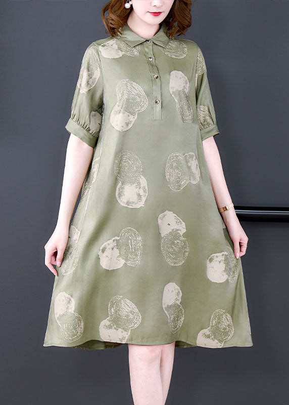 Women Dousha Green Peter Pan Collar Print Patchwork Silk Dresses Summer