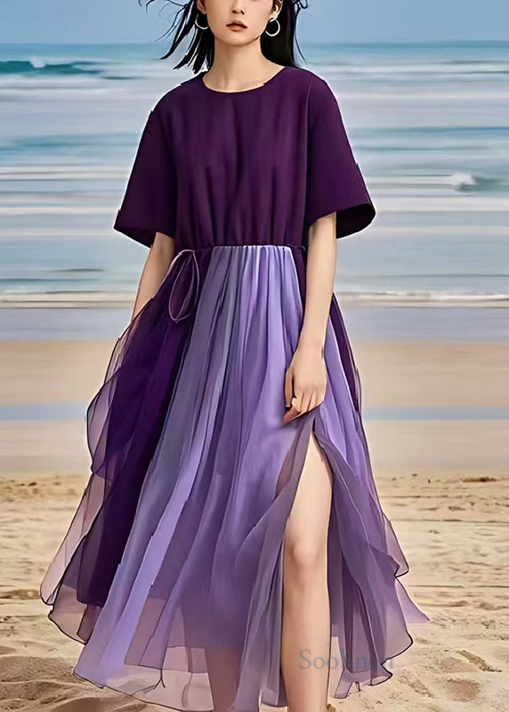 Women Dull Purple Exra Large Hem Patchwork Tulle Long Dress Summer