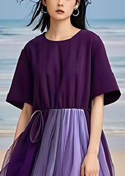 Women Dull Purple Exra Large Hem Patchwork Tulle Long Dress Summer