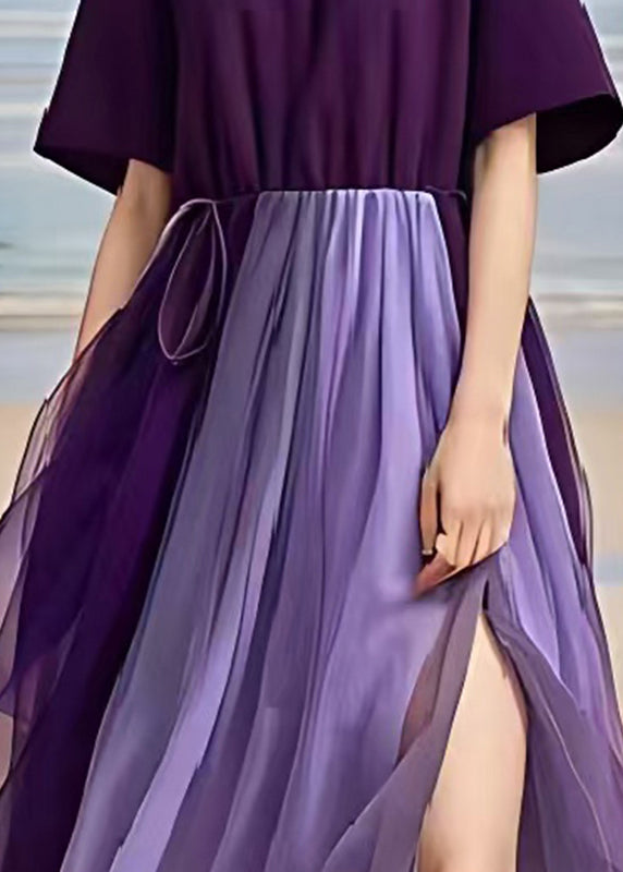 Women Dull Purple Exra Large Hem Patchwork Tulle Long Dress Summer