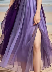 Women Dull Purple Exra Large Hem Patchwork Tulle Long Dress Summer