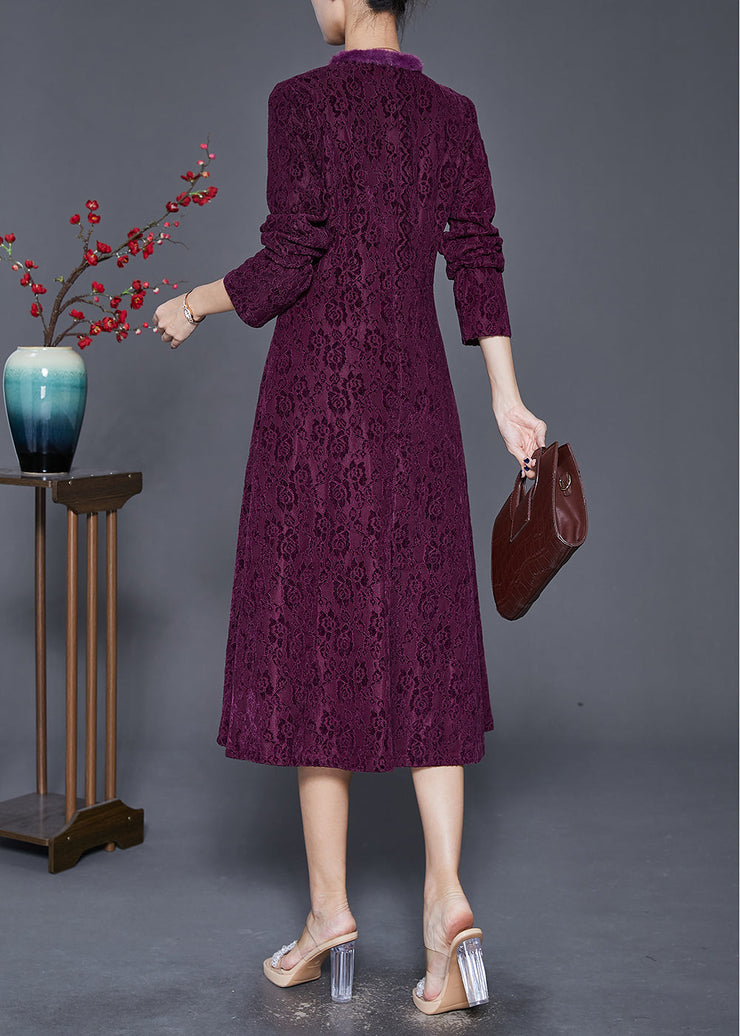 Women Dull Purple Jacquard Slim Fit Warm Fleece Dresses Winter