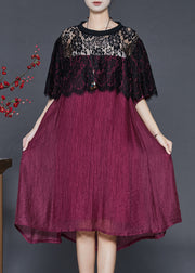 Women Dull Red Oversized Patchwork Lace Dress Summer