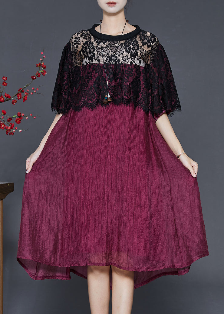 Women Dull Red Oversized Patchwork Lace Dress Summer