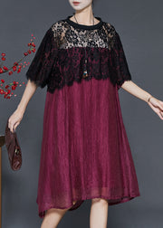 Women Dull Red Oversized Patchwork Lace Dress Summer