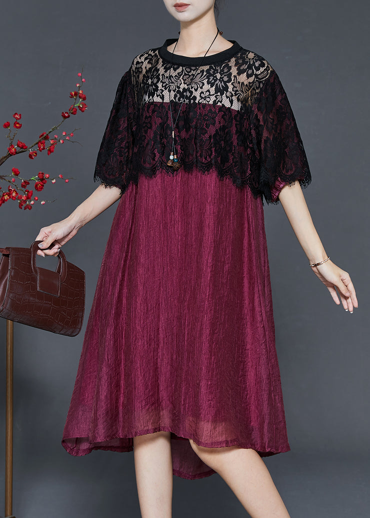 Women Dull Red Oversized Patchwork Lace Dress Summer