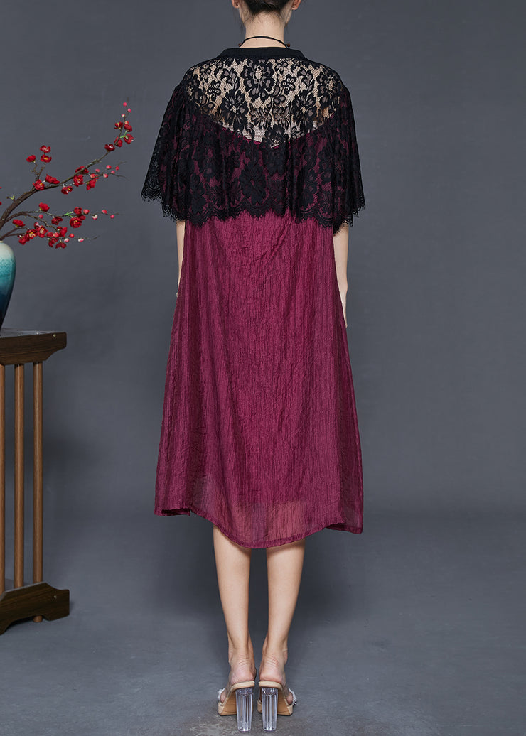 Women Dull Red Oversized Patchwork Lace Dress Summer