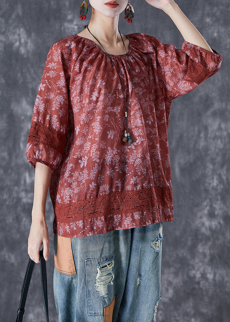 Women Dull Red Print Patchwork Hollow Out Linen Shirt Top Half Sleeve